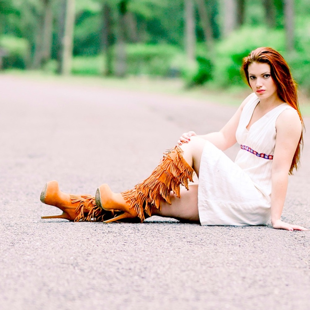 Suede fringe knee high heeled boots western boho